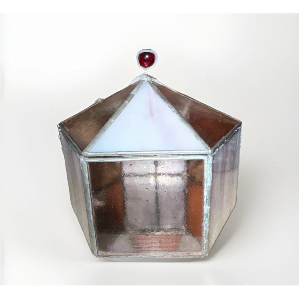 Vintage Stained Glass Hexagon Trinket Box Hinged Lid Mirrored Bottom Amber White
